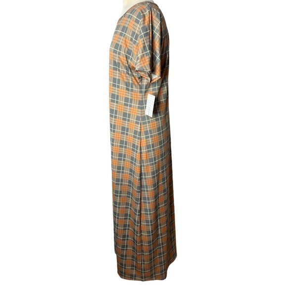 NWT Lula Roe Dress Large Orange Gray White Plaid Maxi Sheath Short Sleeve Round - Picture 4 of 11